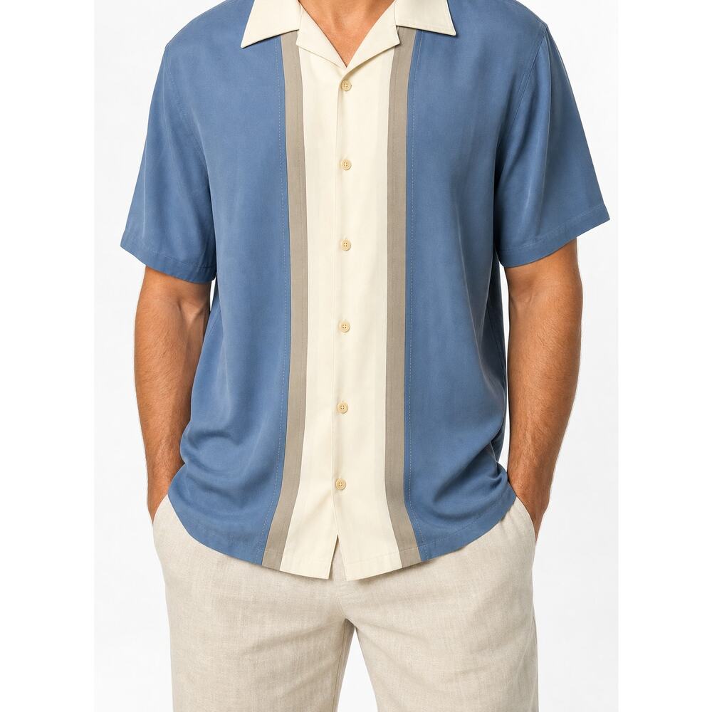 Nat Nast Luxury Originals Men Silk Colorblock Shirt XL Blue Smoke Camp Bowling